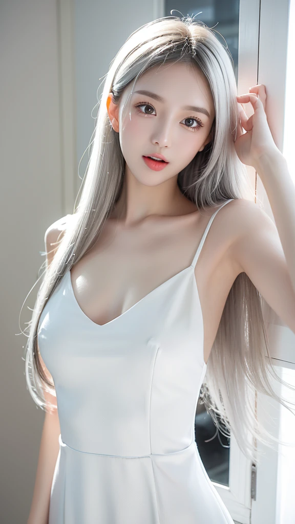 Silver-white beautiful girl with long hair,White Dress,flat chest,White skin,Stick out your tongue,Cute and playful,Girlfriend,slim body, big breast