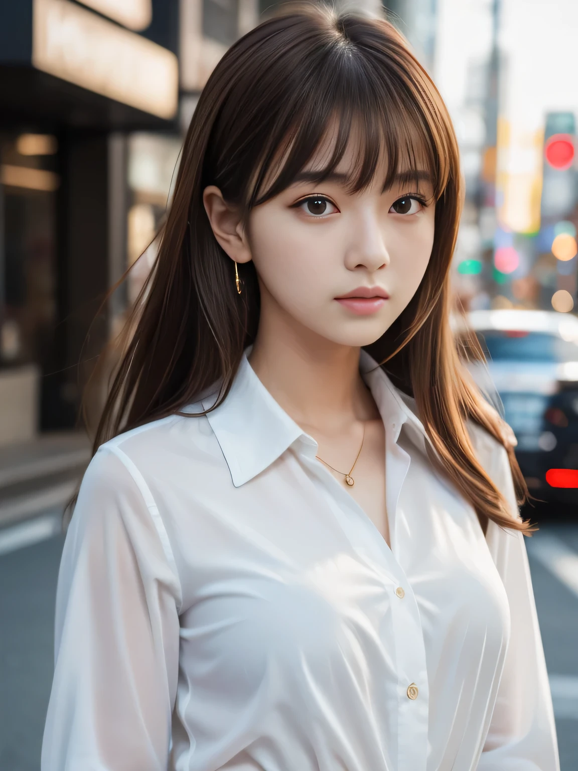 Ultra High Definition, Superior Quality, Premier Quality, ultra detailed, Photorealistic, 8k, RAW Photos, highest quality, masterpiece, Attractive girl, Stunning girl, Brown Hair, Shoulder Length Layered, asymmetrical bangs, K-pop Idol, Sophisticated girl, white shirt with collar, Shibuya,