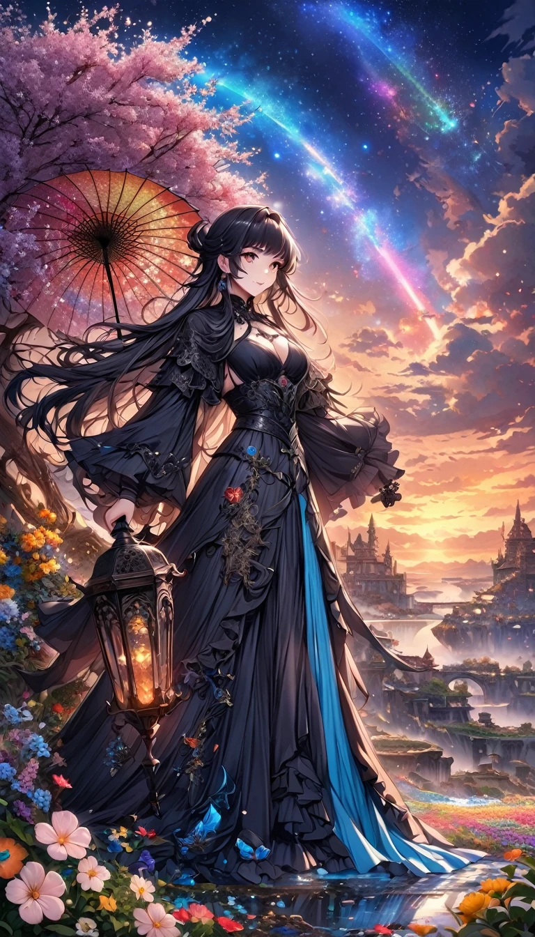 Harry Clark (Harry Clarke) style,模仿李在孝的style,Twice the light, (1 girl holding an umbrella), spring、Falling flowers at dusk、In the distance, Expressing a high fantasy world, Guardian Nebula of Rainbow Light and Silver Steam, The sky is filled with the colors of the Corrosion Enveloping Ray family, (Magnificent composition, Epic Proportions), masterpiece