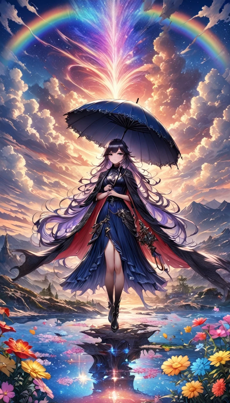Harry Clark (Harry Clarke) style,模仿李在孝的style,Twice the light, (1 girl holding an umbrella), spring、Falling flowers at dusk、In the distance, Expressing a high fantasy world, Guardian Nebula of Rainbow Light and Silver Steam, The sky is filled with the colors of the Corrosion Enveloping Ray family, (Magnificent composition, Epic Proportions), masterpiece