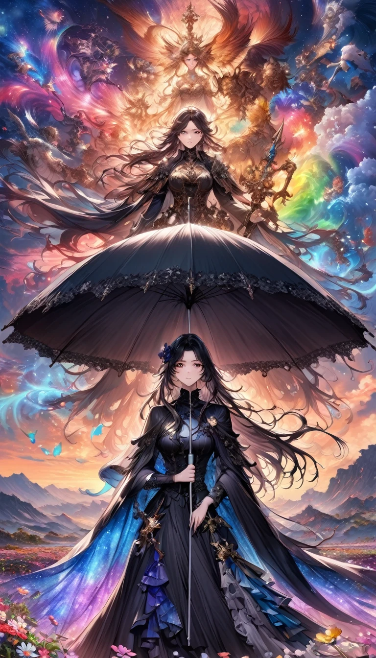 Harry Clark (Harry Clarke) style,模仿李在孝的style,Twice the light, (1 girl holding an umbrella), spring、Falling flowers at dusk、In the distance, Expressing a high fantasy world, Guardian Nebula of Rainbow Light and Silver Steam, The sky is filled with the colors of the Corrosion Enveloping Ray family, (Magnificent composition, Epic Proportions), masterpiece