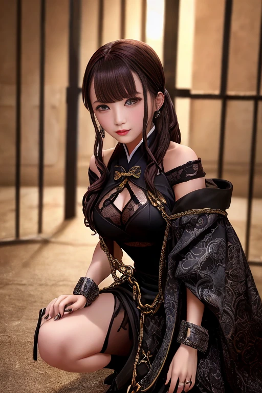 ((Highest quality, 8K, masterpiece :1.3)), One girl, smile, Full Body Lesbian, Slim face, Beautiful woman, (dark brown hair), Full-length dress :1.1, Highly detailed face, Fine grain, double eyelid, Blur the background, Slim face,, Black Hair, Surrealism, 8K, Super detailed, , Sexy and cool, Floral, Open chest, Exposing shoulders,Open your mouth,
The woman of her dreams twists her body in front of the man,非常にdark部屋,非常にdark細胞,Woman in a cage, A girl in Hanfu, Wearing Ancient Chinese Clothing, Hanfu, dark環境,Like the whole body,Imprisonment,Best image quality,Excellent details,Ultra-high resolution,One person girl,Female prisoners,dark series,dark style,dark,,In prison,She was in a cage,Rugged body,sexy and powerful,Detailed Abs,Detailed muscle lines,Dynamic Pose,Prison cage background,薄dark光,薄dark照明,Dirty,Moist, icy environment,chain,Rusted,handcuffs,Very elaborate robes,Shabby clothes,My hair is messy,Highly detailed handcuffss,Tied up up woman,Normal body type,Soaking wet,Normal face,Normal hand,frontage,Full body photo,Looking from bottom to top,View from below, View your viewers,squat,Lying down,Stand on your own two feet,Tied up,Hanging,Absolute Obedience,The woman lay down,Disheveled clothes,Damaged clothing,My hair is messy,, Surrealism, 8K, Super detailed, Kilo