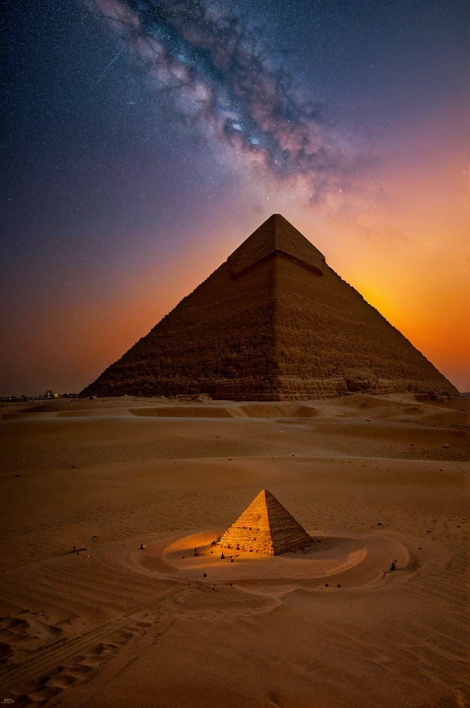 "Create an image of the Great Pyramid of Giza at sunset, with the pyramid precisely aligned with the cardinal points and stars beginning to appear in the sky."