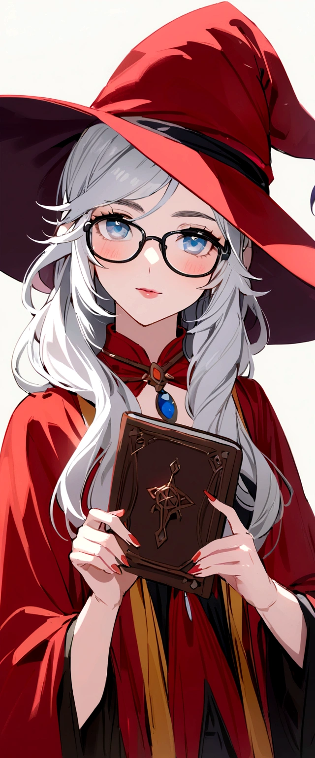 Woman in red hat and glasses holding a book,silver hair,she wears Harry Potter glasses, Maya Ali as D&D sorceress, holding spell book, dressed as witch, D&D magician, wearing a red wizard hat.