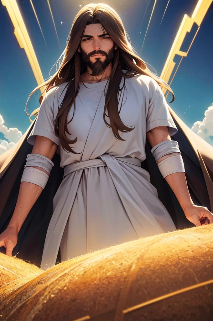 Generate a realistic style image of Jesus, The paradise of celestial background , looking straight ahead .with long brown hair and beard. His eyes are kind and expressive,, ensure the image is high quality and rich in detail, capturing the essence of Jesus , highly detailed skin: 1,2 8k uhd , 20MP, Fujifilm XT3, 80mm, background cristian