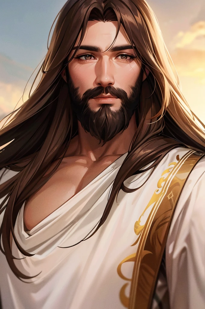 Generate a realistic style image of Jesus, The paradise of celestial background , looking straight ahead .with long brown hair and beard. His eyes are kind and expressive,, ensure the image is high quality and rich in detail, capturing the essence of Jesus , highly detailed skin: 1,2 8k uhd , 20MP, Fujifilm XT3, 80mm, background cristian
