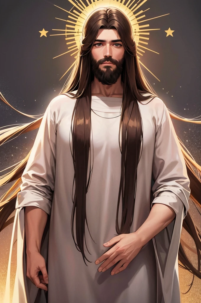 Generate a realistic style image of Jesus, The paradise of celestial background , looking straight ahead .with long brown hair and beard. His eyes are kind and expressive,, ensure the image is high quality and rich in detail, capturing the essence of Jesus , highly detailed skin: 1,2 8k uhd , 20MP, Fujifilm XT3, 80mm, background cristian