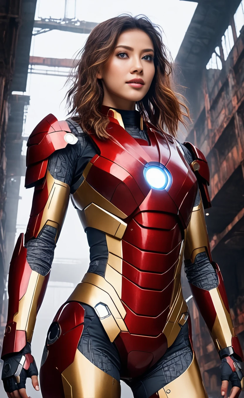 nanx, (1girl:1.3), solo,__body-parts__, official art, unity 8k wallpaper, ultra detailed, beautiful and aesthetic, beautiful, masterpiece, best quality, RAW, masterpiece, super fine photo,, best quality, super high Resolution, photorealistic, sunlight, full body portrait, stunningly beautiful,, dynamic pose, delicate face, vibrant eyes, (side view), she is wearing a futuristic Iron Man mech, red and gold, Highly detailed abandoned warehouse background, detailed face, detailed complex busy background, messy, gorgeous, milky, high detailed skin, realistic skin details, visible pores, sharp focus, volumetric fog, 8k uhd, dslr camera, High quality, film grain, fair skin, photorealism, lomography, sprawling metropolis in a futuristic dystopia, view from below, translucent, full body