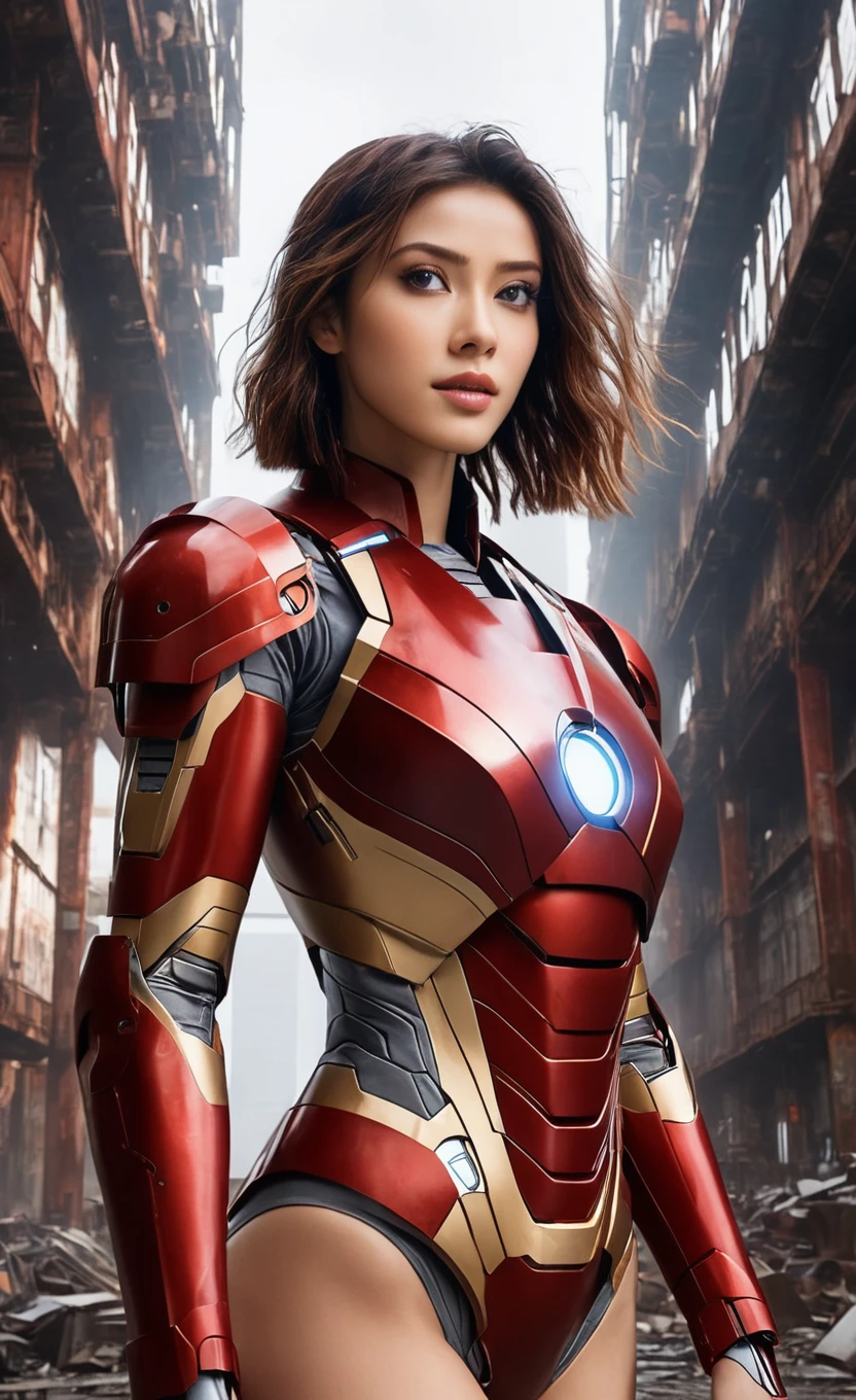 nanx, (1girl:1.3), solo,__body-parts__, official art, unity 8k wallpaper, ultra detailed, beautiful and aesthetic, beautiful, masterpiece, best quality, RAW, masterpiece, super fine photo,, best quality, super high Resolution, photorealistic, sunlight, full body portrait, stunningly beautiful,, dynamic pose, delicate face, vibrant eyes, (side view), she is wearing a futuristic Iron Man mech, red and gold, Highly detailed abandoned warehouse background, detailed face, detailed complex busy background, messy, gorgeous, milky, high detailed skin, realistic skin details, visible pores, sharp focus, volumetric fog, 8k uhd, dslr camera, High quality, film grain, fair skin, photorealism, lomography, sprawling metropolis in a futuristic dystopia, view from below, translucent, full body
