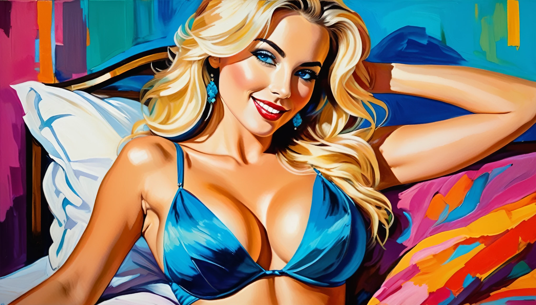 An expressionist painting of a woman reclining on the bed, with a boldly blurred background. She has voluminous blonde hair, bright blue eyes, and a flirty smile. Wearing exotic lingerie, the scene is vibrant and dynamic.