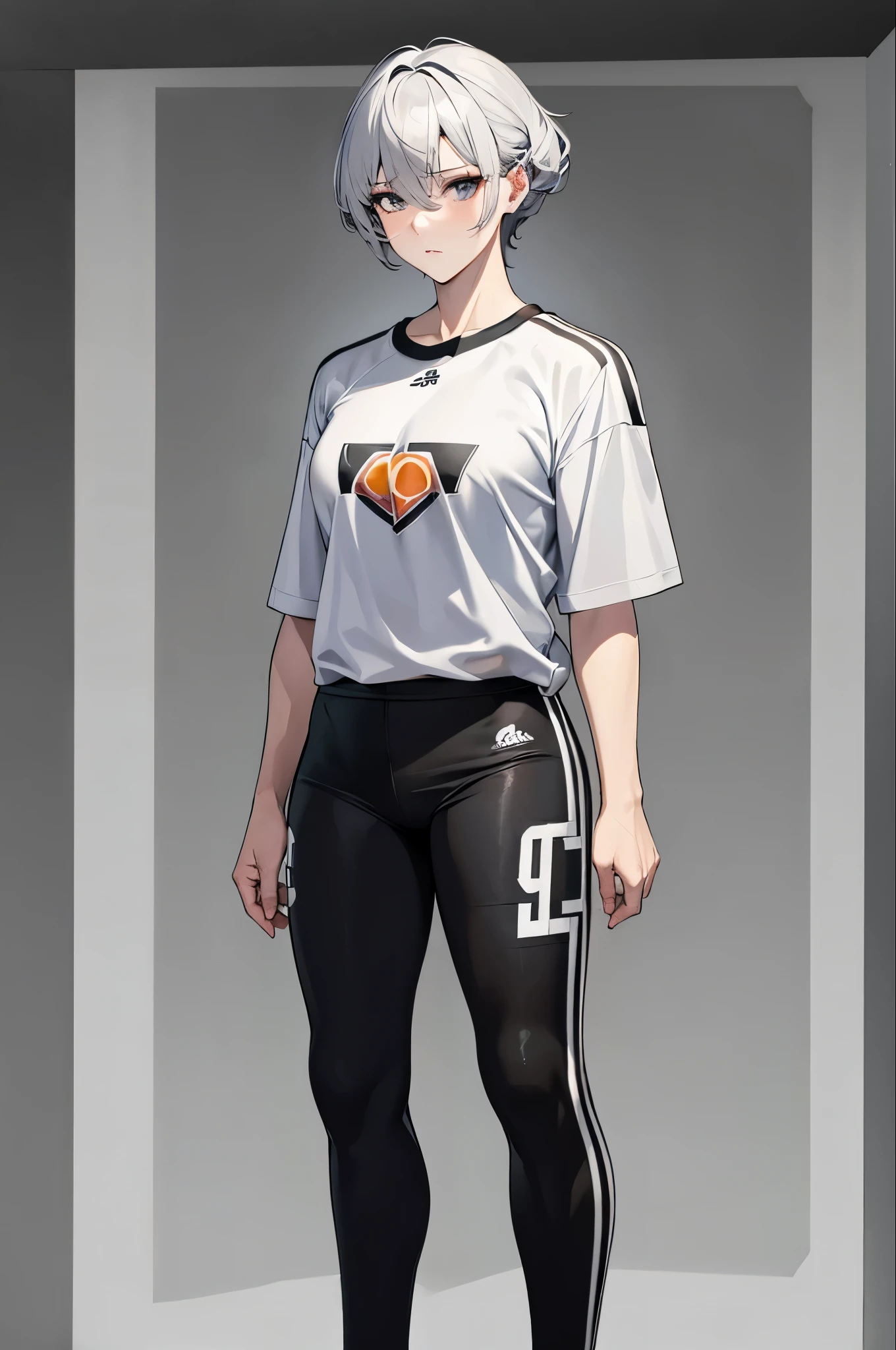 South korean movie actress :Football player , football team name : manchester united, 1girl, beautiful face, muscular slender body, hair color : gray white, hair style : very short hair Tapered With Fade And Textured Curls, 21 year old, anime style background , full body focus, well detailed, high resolution 8k, age:23, jersey t-shirt color : white & black , background : anime style news postor, full body focus, skin colour : brown,