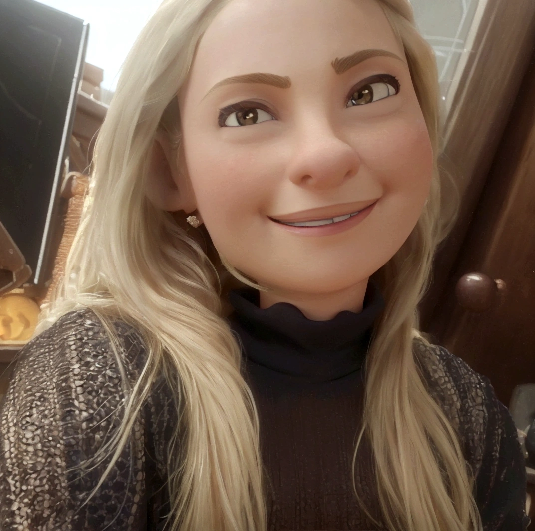 A detailed, beautiful blonde woman with long hair and a round face, brown eyes, a thin nose, and a warm smile, wearing a black t-shirt with "souto store" written in navy blue, 3D Disney Pixar style, highly detailed, hyper realistic, dynamic lighting, vibrant colors, cinematic composition, masterpiece