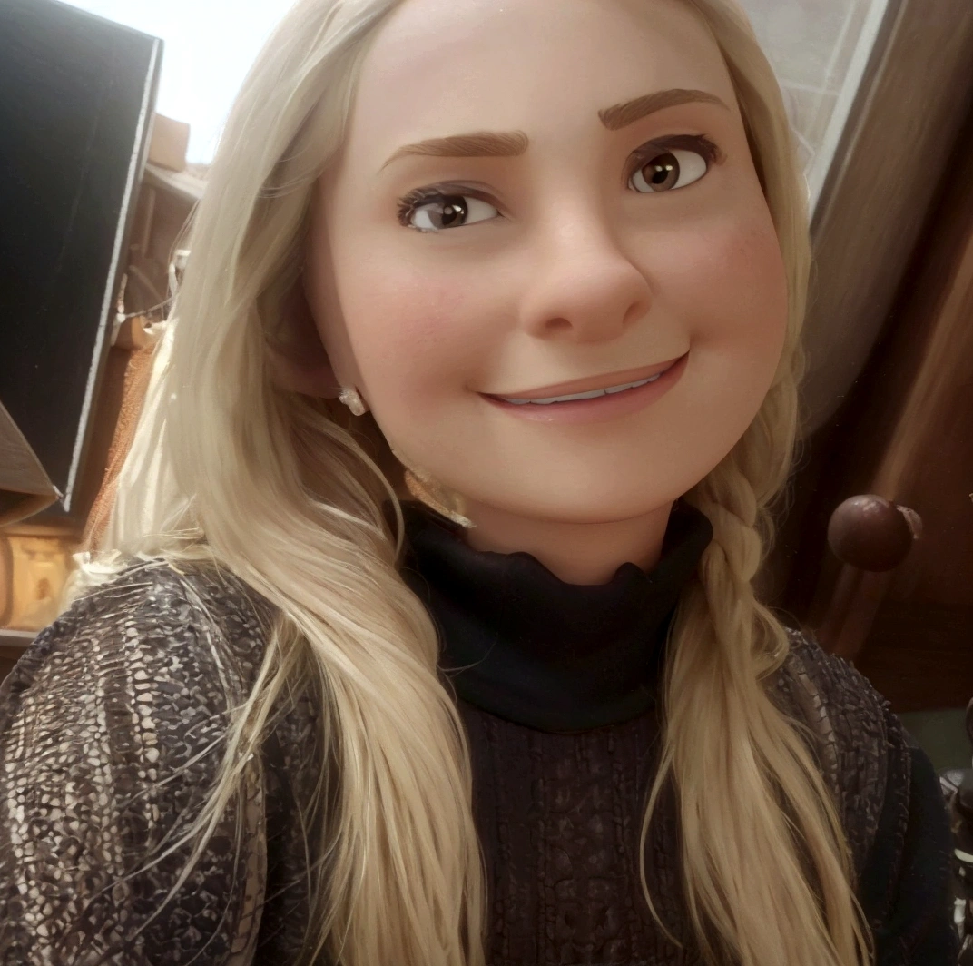 A detailed, beautiful blonde woman with long hair and a round face, brown eyes, a thin nose, and a warm smile, wearing a black t-shirt with "souto store" written in navy blue, 3D Disney Pixar style, highly detailed, hyper realistic, dynamic lighting, vibrant colors, cinematic composition, masterpiece