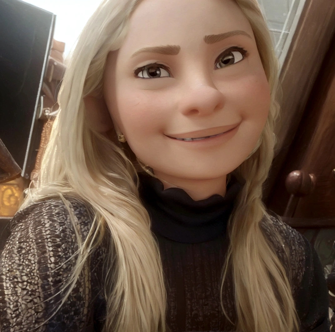 A detailed, beautiful blonde woman with long hair and a round face, brown eyes, a thin nose, and a warm smile, wearing a black t-shirt with "souto store" written in navy blue, 3D Disney Pixar style, highly detailed, hyper realistic, dynamic lighting, vibrant colors, cinematic composition, masterpiece