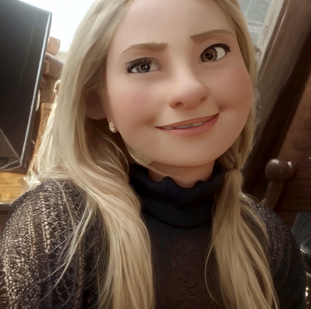 A detailed, beautiful blonde woman with long hair and a round face, brown eyes, a thin nose, and a warm smile, wearing a black t-shirt with "souto store" written in navy blue, 3D Disney Pixar style, highly detailed, hyper realistic, dynamic lighting, vibrant colors, cinematic composition, masterpiece