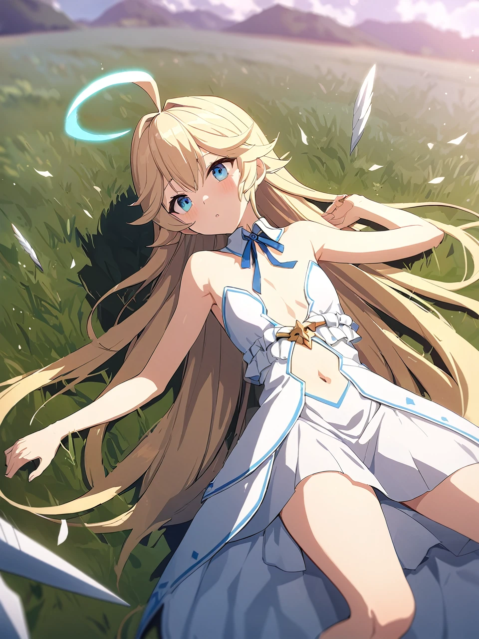 Zaora, blue eyes, (Variegated eyes:0.5), Blonde, Very long hair, Twin Blade, bangs, Ahoge, Hello, Angel, Flat Chest, White Dress, Belly button cutout, Detachable collar, Strapless, Neck ribbon, Bare shoulders, Angel wings, barefoot, One girl, Solo Break Space, grassland, Lying down, Depth of written boundary, Cinematic, masterpiece, Highest quality, Game CG