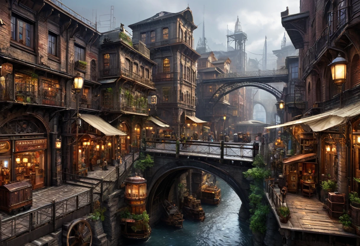 ((masterpiece)),((Highest quality)),((Attention to detail)),((Realistic,))
Industrial City, There is a deep canyon in the middle, Architecture Street, Bazaar, bridge, Wet day, steampunk, European architecture