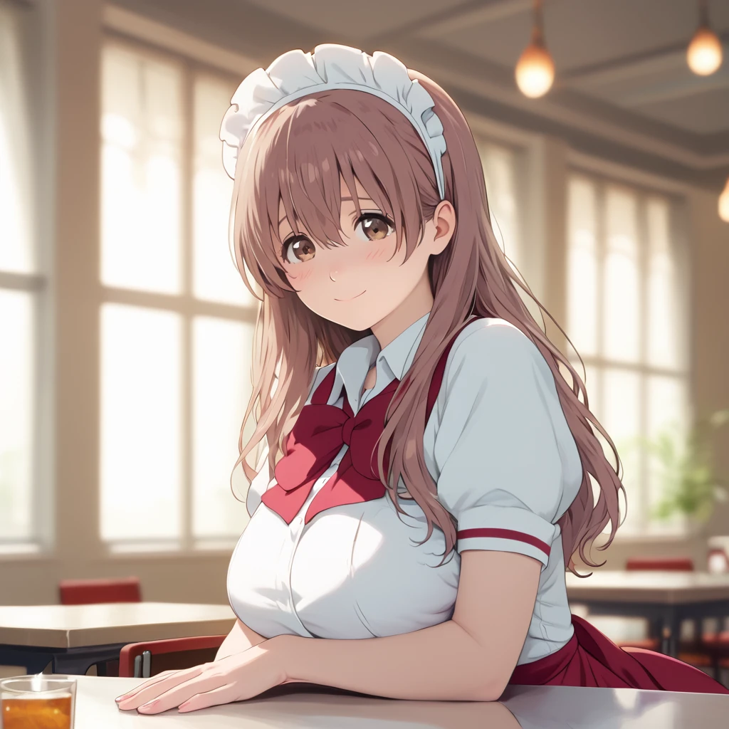 score_9,score_8_up,score_7_up,masterpiece,best quality, source anime, photorealistic, hyperrealistic, 8k,photo,raw,super detailed, extreme detailed, rating_explicit, 
1girl, waitress, standing, both hands on the table,
BREAK girl, shouko nishimiya, 18yo, long hair, pink brown hair, bangs between eyes, brown eyes, (large breasts:0.9),
shiny hair, beautiful detailed eyes, beautiful face,
BREAK (frilled orange waitress uniform:1.3), headdress,
embarrassed, blush, smile