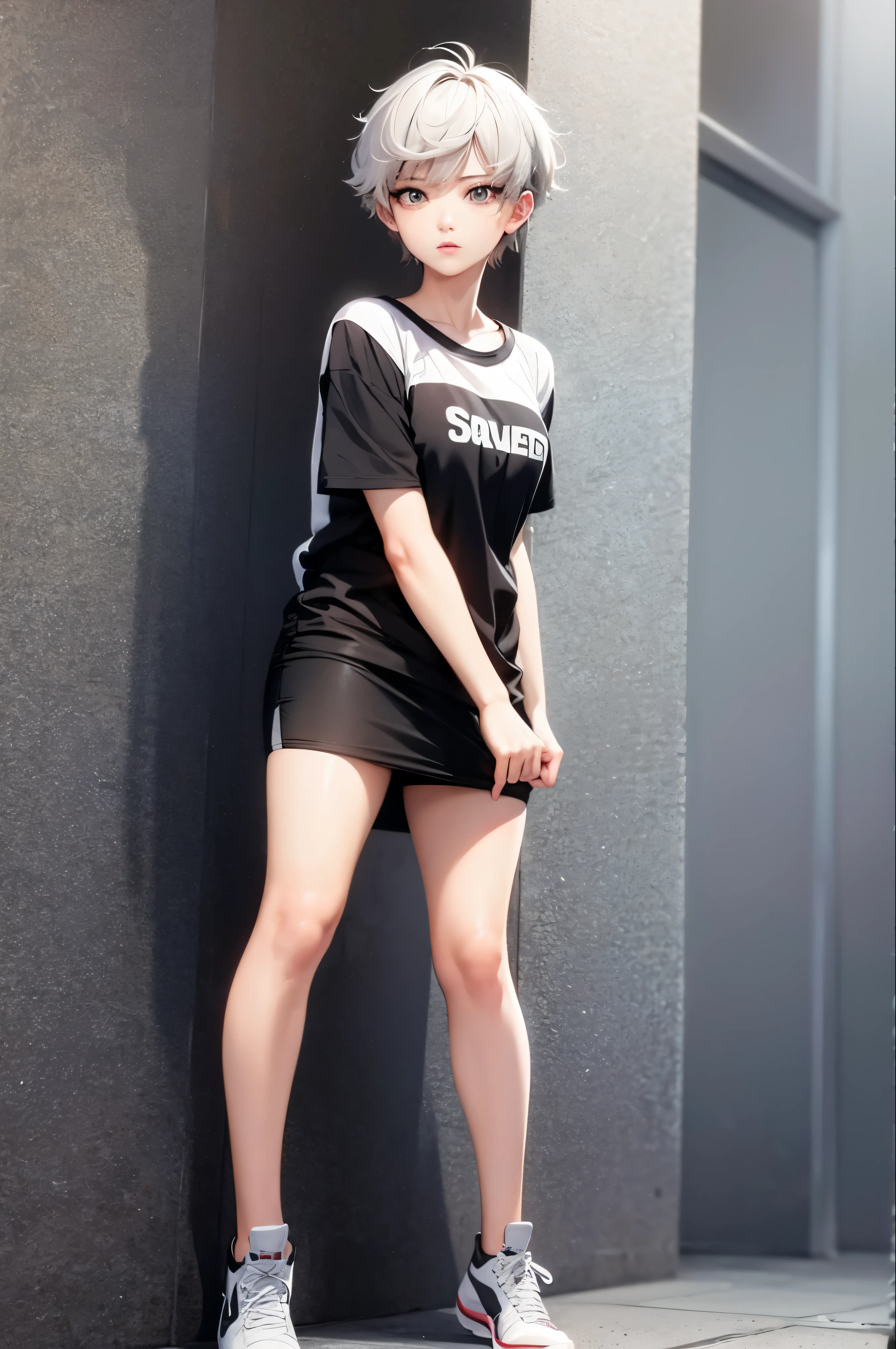 South korean movie actress :Football player , football team name : manchester united, 1girl, beautiful face, muscular slender body, hair color : gray white, hair style : very short hair Tapered With Fade And Textured Curls, 21 year old, anime style background , full body focus, well detailed, high resolution 8k, age:23, jersey t-shirt color : white & black , background : anime style news postor, full body focus, skin colour : brown,