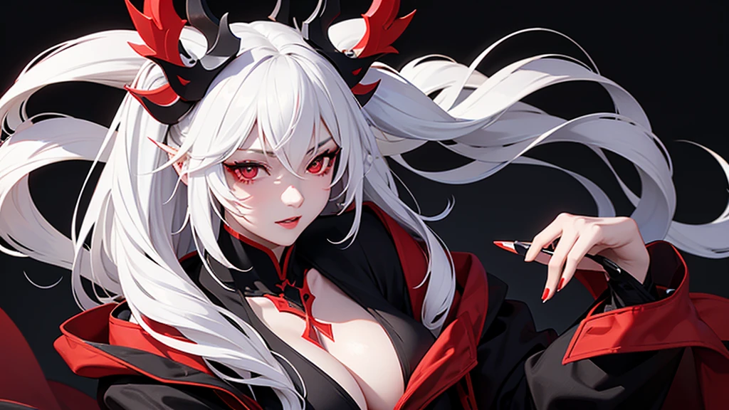 Black simple background。
A lustful virgin sits drunk and red faced。
Long white hair and wolf ears。Red eyes。Heavy makeup。
Ninja costume with main color black and sub color red。
Side angle close-up of cleavage。
Draw hands in detail。
