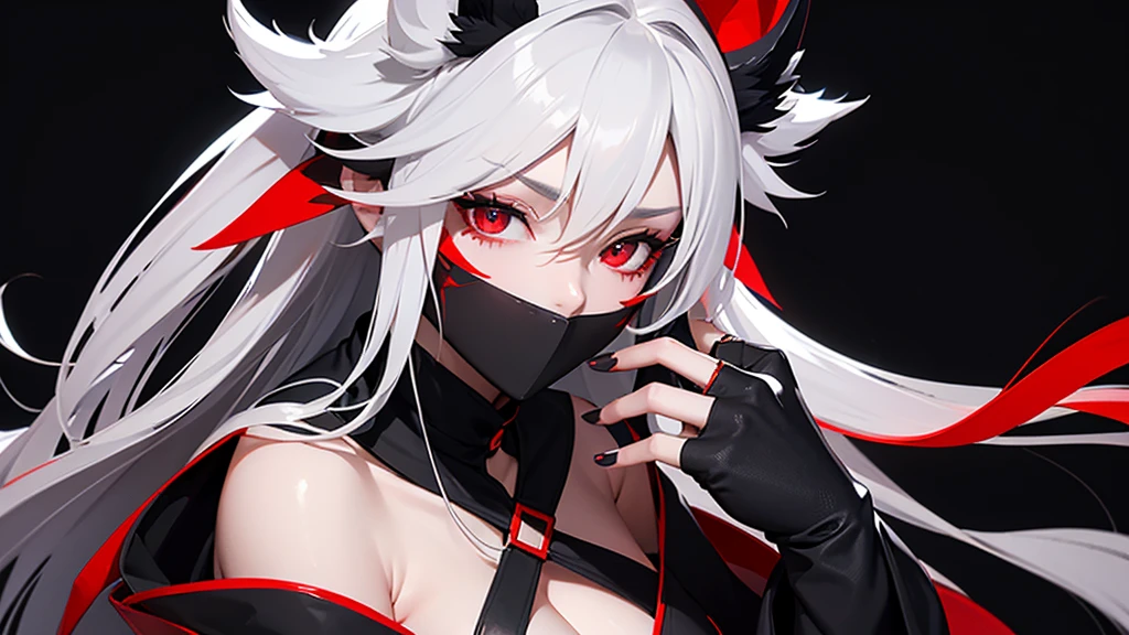 Black simple background。
A lustful virgin sits drunk and red faced。
Long white hair and wolf ears。Red eyes。Heavy makeup。
Ninja costume with main color black and sub color red。
Side angle close-up of cleavage。
Draw hands in detail。