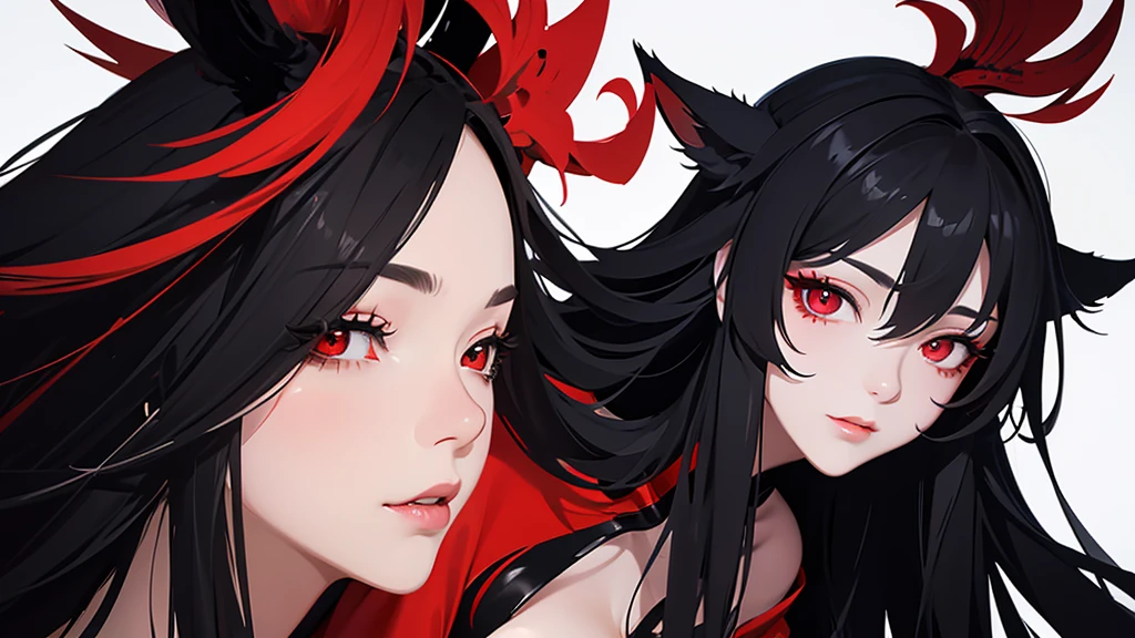 Black simple background。
A lustful virgin sits drunk and red faced。
Long white hair and wolf ears。Red eyes。Heavy makeup。
Ninja costume with main color black and sub color red。
Side angle close-up of cleavage。
Draw hands in detail。