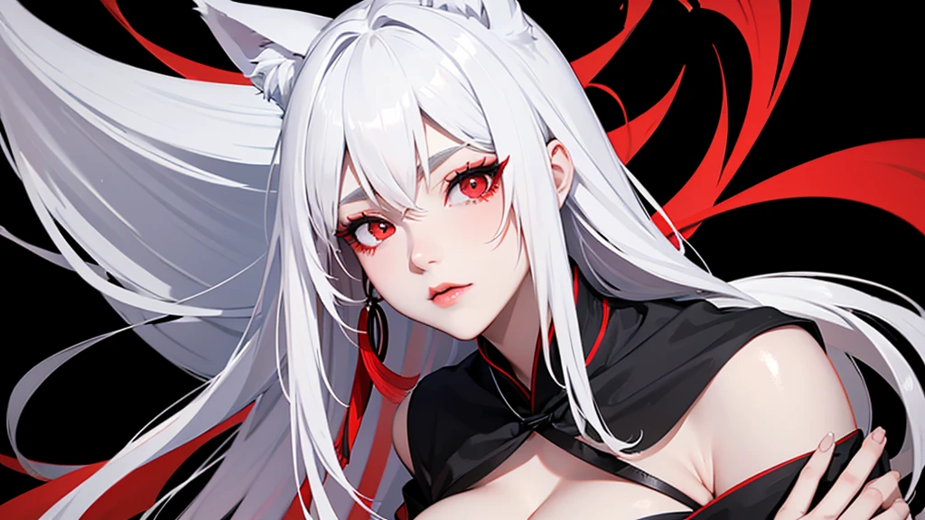 Black simple background。
A lustful virgin sits drunk and red faced。
Long white hair and wolf ears。Red eyes。Heavy makeup。
Ninja costume with main color black and sub color red。
Side angle close-up of cleavage。
Draw hands in detail。