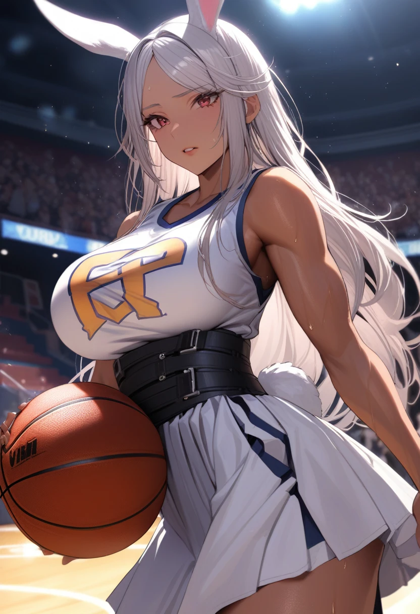 (masterpiece, Highest quality, Absurd), Close-up shot, One girl, Mirkodef, Dark Skin, Muscular, Bunny ears, Mature Woman, Holding a basketball in one hand, (Underbust), Wearing a basketball jersey, Basketball court, View Wiewer, (Exhausted, sweating), Big Breasts, 8k exquisite illustrations, Dynamic pose, Cinema Lighting, Volumetric lighting, Vibrant colors, Ray Tracing, Intricate details,