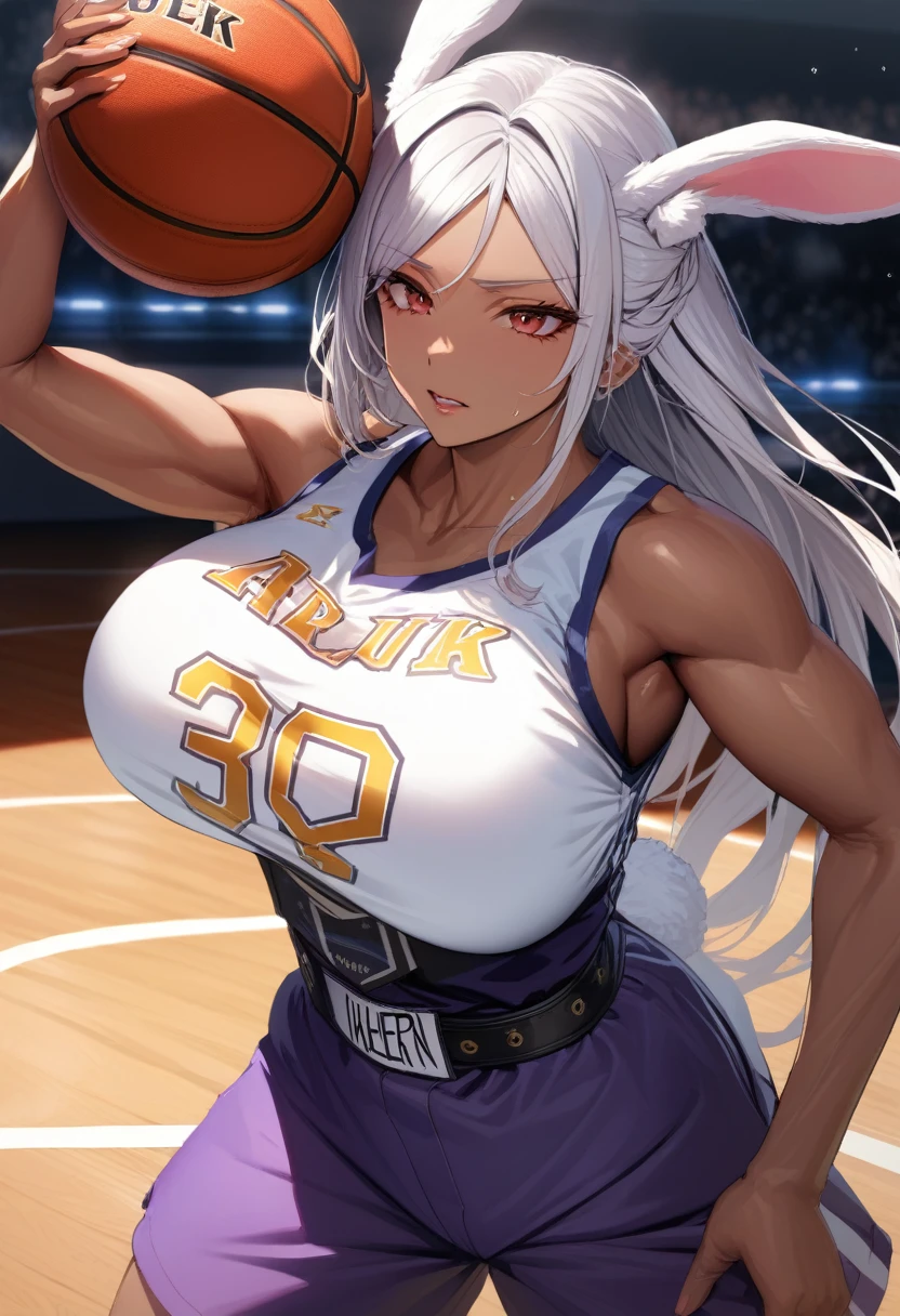 (masterpiece, Highest quality, Absurd), Close-up shot, One girl, Mirkodef, Dark Skin, Muscular, Bunny ears, Mature Woman, Holding a basketball in one hand, (Underbust), Wearing a basketball jersey, Basketball court, View Wiewer, (Exhausted, sweating), Big Breasts, 8k exquisite illustrations, Dynamic pose, Cinema Lighting, Volumetric lighting, Vibrant colors, Ray Tracing, Intricate details,