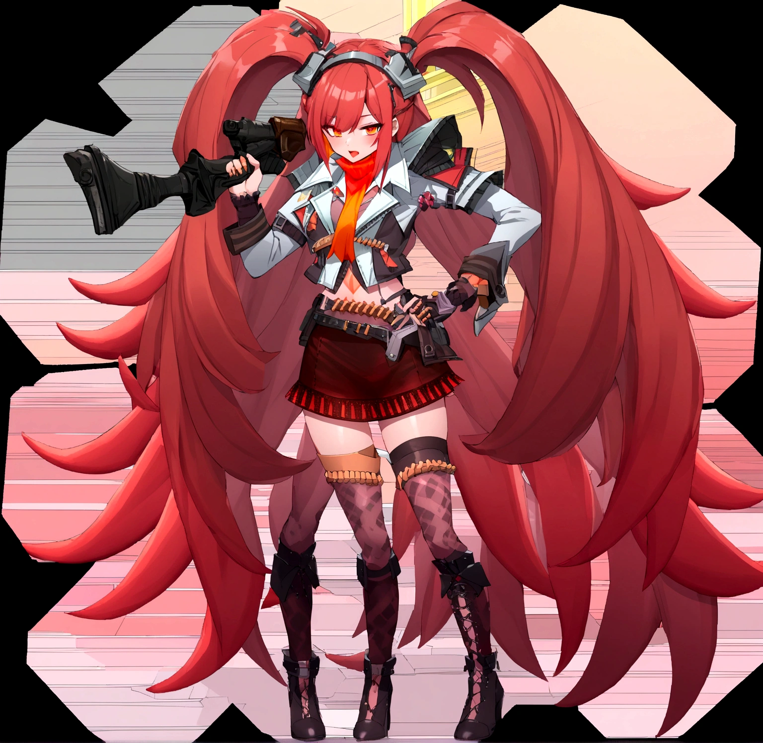 masterpiece, best quality, highres, hmcoco, long hair, streaked hair, single braid, red hairband, red ribbon, horn ribbon, dragon tail, bowtie, halterneck, hololive idol uniform, sleeveless, arm strap, navel, white gloves, white skirt, thigh strap, asymmetrical legwear, <lora:kiryu_coco_v1:0.7>, smile, cowboy shot, standing,