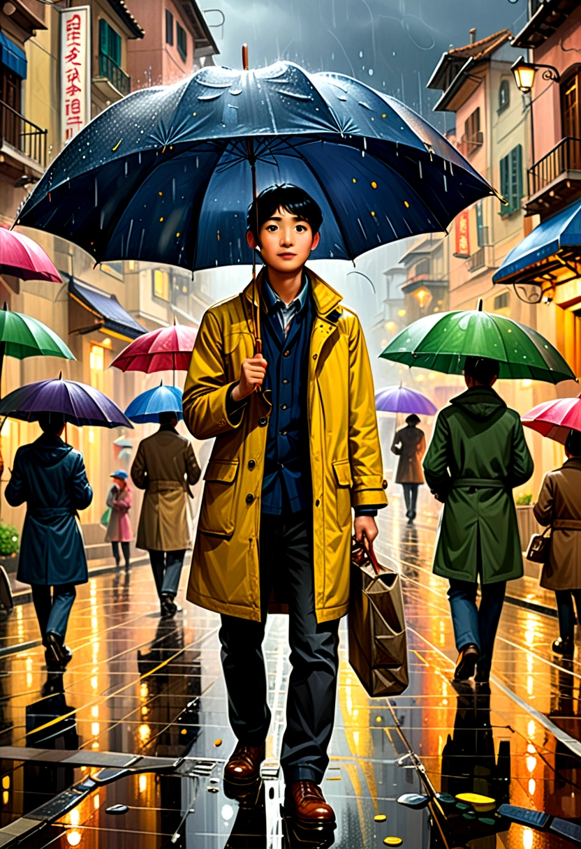 (Umbrella, rain), The scene mainly depicts a group of artists holding umbrellas in the rain, holding a palette and paintbrush in their hands, focusing on depicting the scenery in their eyes. They are surrounded by wet roads and lights flickering in the raindrops. This is a close-up shot that highlights their focus and enthusiasm in creation, as well as the details of painting, showcasing the overall picture, (panoramic view), Photography, award-winning, cinematic still, emotional, vignette, dynamic, vivid, (masterpiece, best quality, Professional, perfect composition, very aesthetic, absurdres, ultra-detailed, intricate details:1.3)