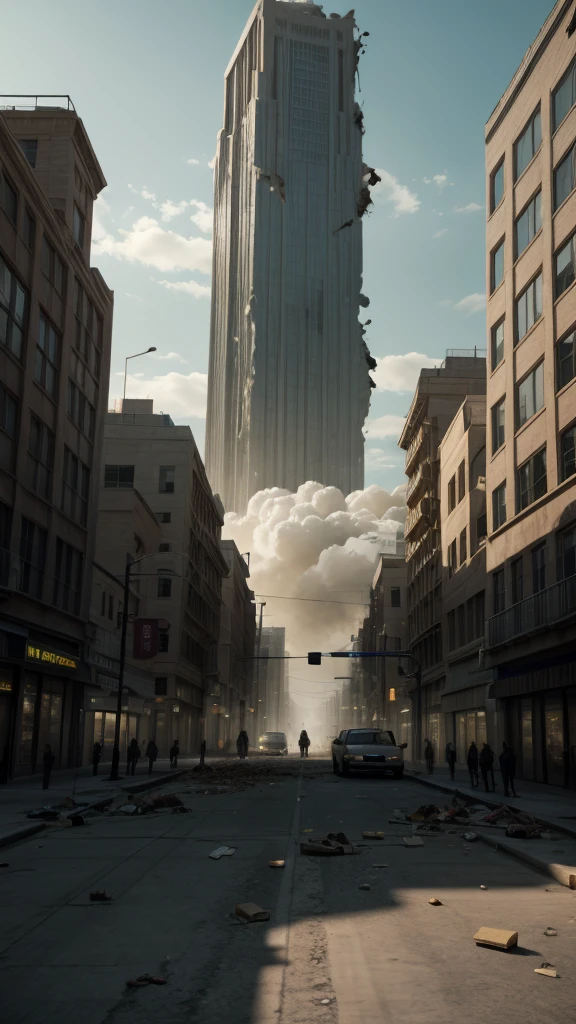 giants destroying buildings, creating clouds of dust, towering over the city, epic cinematic action scene, moody dramatic lighting, muted color palette, highly detailed, photorealistic, 8k, masterpiece, ultra-detailed, physically based rendering, compositing cinematic, dramatic shadows, volumetric lighting, dust and debris, destruction and chaos, powerful, intimidating, inspiring