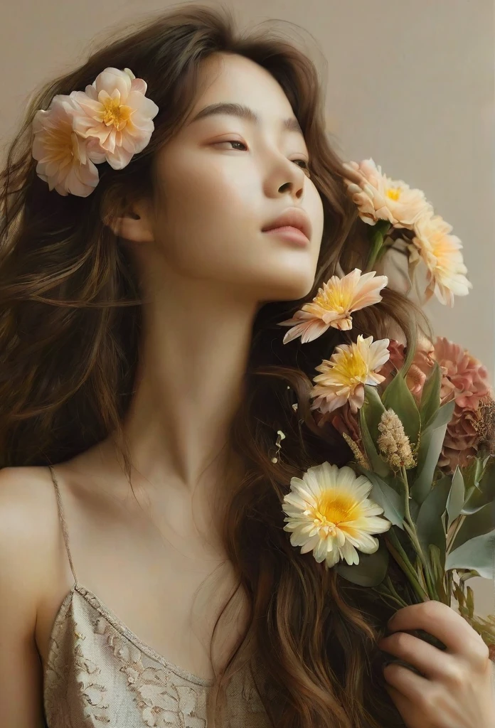 Beautiful woman with flowers and flower crown in her hair, (smile as much as possible:1.5), hair pliers, (black hair: 1.5), (black eye: 1.5), (Japanese: 1.0), flower storm portrait, flower woman, hair flower, hair flower, flower girl, flower goddess, beautiful portrait photo, flower hair girl, A vibrant woman made of flower petals, Portrait of a woman holding flowers, girl in front of flower field