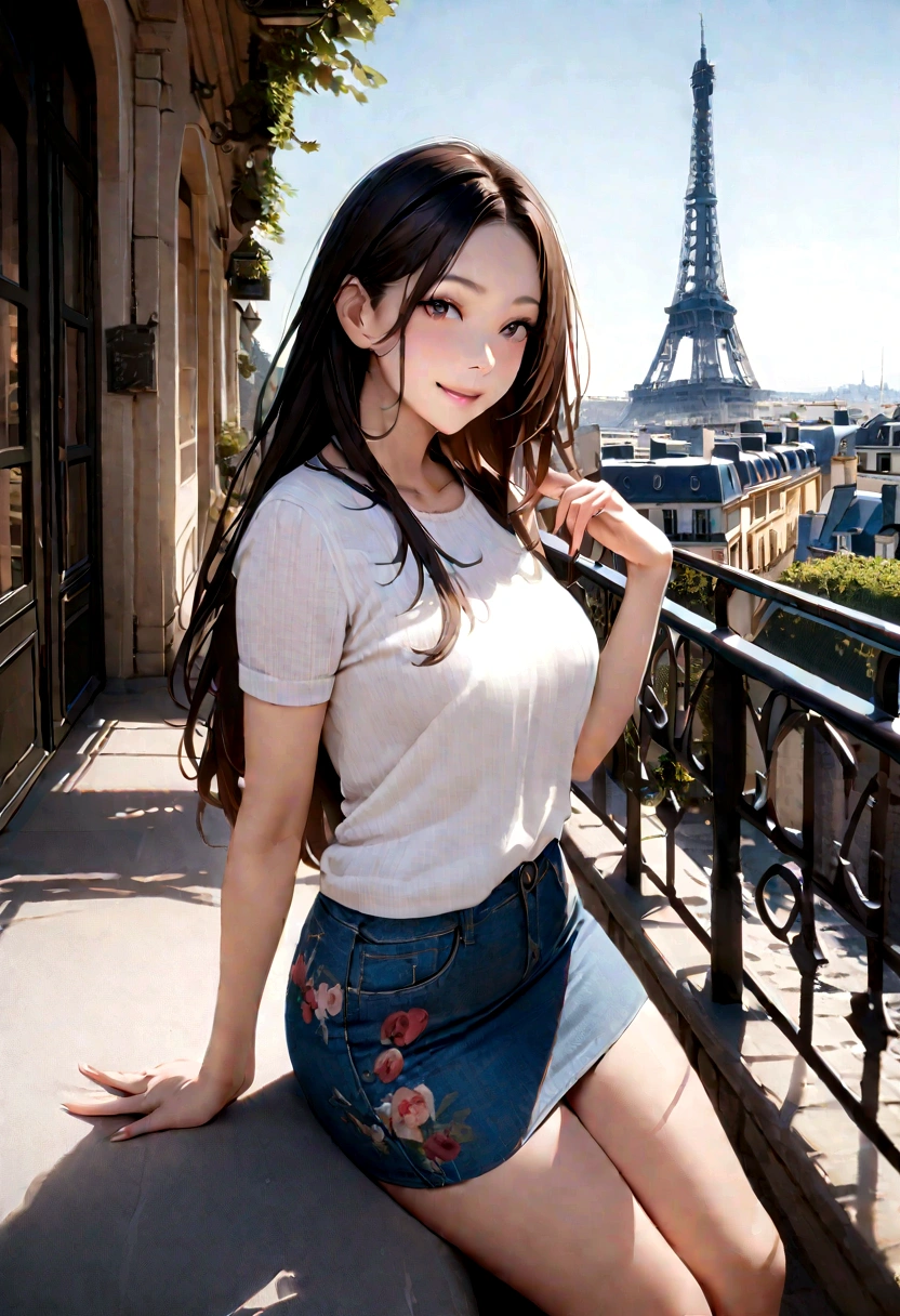 1 girl,(Black semi-long hair)(Beautiful hair), actor, Smile, Glowing skin, best quality, masterpiece, (Reality:1.4), Terrace Seating, Europe, France, Paris, Denim Mini Skirt (Realistic fabrics), White short sleeve (Cotton fabric), (No logo), Thin fingers