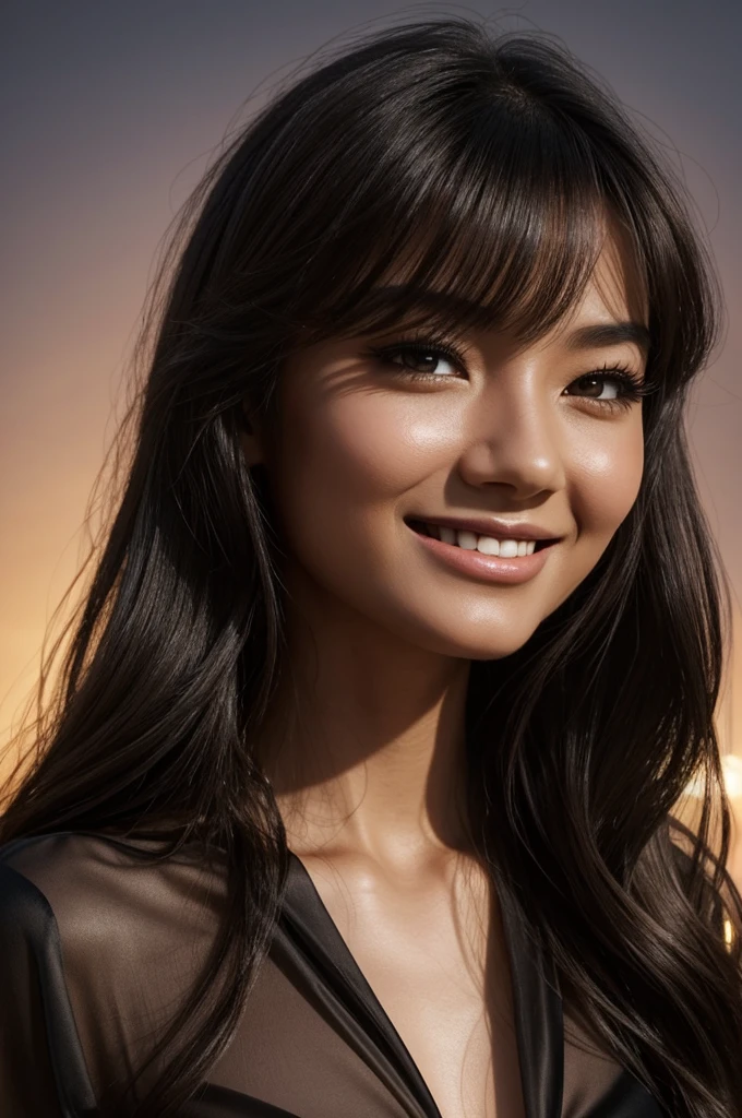 1 girl,（enhanced quality：1.4），（Highest quality skin with true texture), delicate face,dark brown long hair, Gradient hair, body,（ideal bodies：1.1），long eyelashes, grin, hyperphotorealism, cinematic lighting, projected insert, surrealism, hyper HD, masterpiece, 16K，lie down，dream，Wear a black silk shirt，Fantasy space，Luxury space