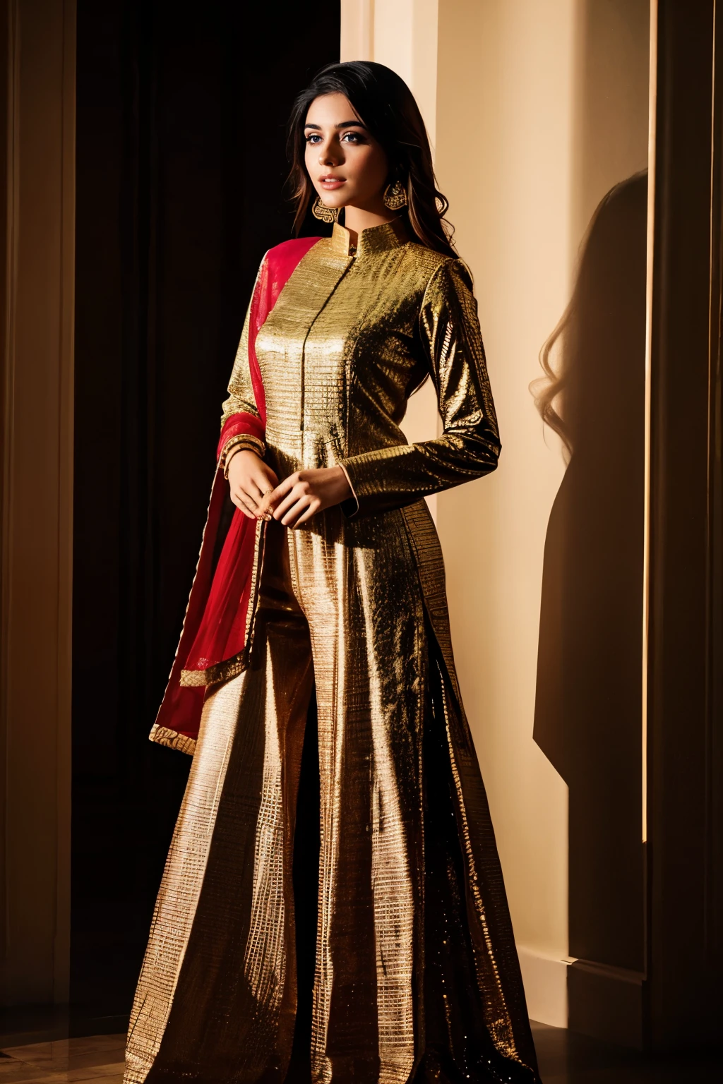 In this cinematic portrait, an elegant Indian model stands poised, dressed in a sophisticated ((copper brown cotton kurti))with intricate floral patterns. The kurti features a ((round neckline))with a subtle front slit, elbow-length sleeves, and a straight cut that falls just below the knee with side slits for ease of movement. She pairs it with stylish white ((strappy heels)), adding a modern twist to her traditional outfit.

The model's posture is confident and graceful, with one ((hand resting on her hip))and the other holding a chic ((white tote bag)). Her soft smile and engaging eyes create a captivating connection with the viewer. The dark background and expert use of rim lighting highlight her silhouette, while key lights accentuate the rich textures and details of the kurti. The interplay of light and shadow adds depth and dimension, creating a timeless and elegant ambiance. This cinematic lighting effect enhances the model's natural beauty and the sophisticated charm of her attire.