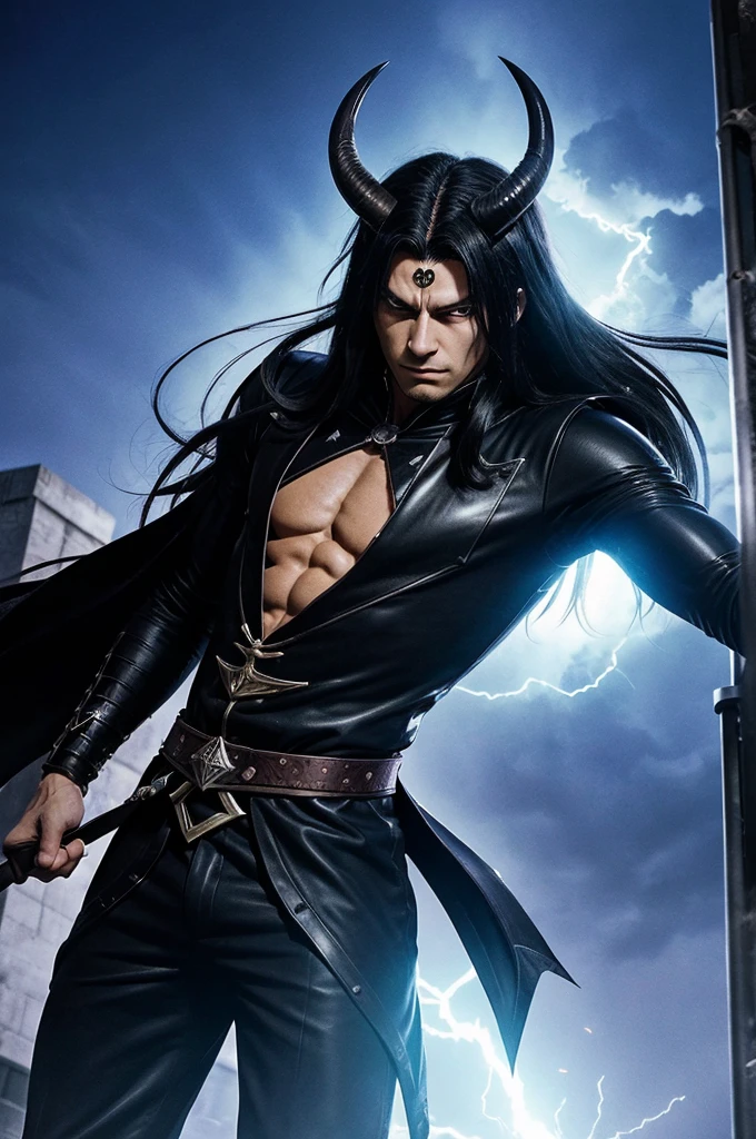 Create a page of a manga where a villain with horns is asking a person "WHERE IS HE!?" and the persons points up ,a person with long hair seemed around 17 years old jumps from a tower and gets sorruounded by a dark aura and punches the villain