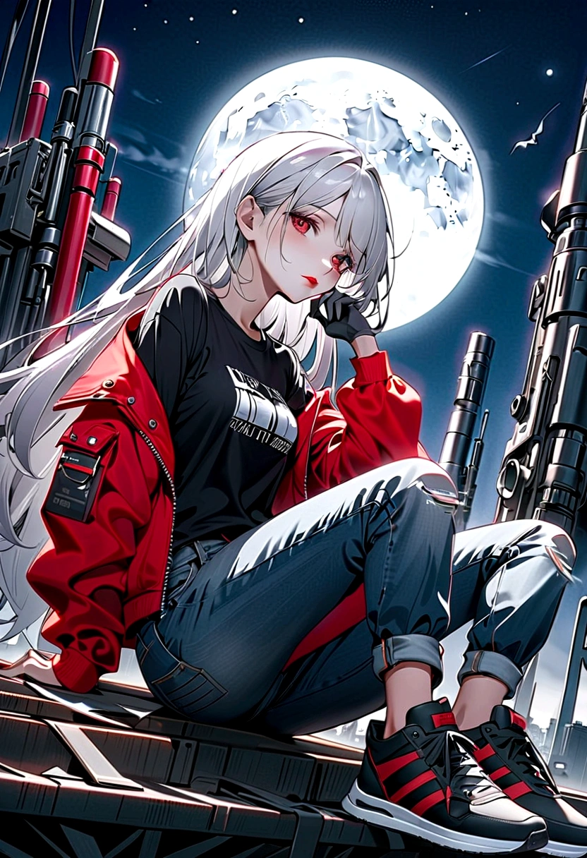 (Science Fiction Fantasy), (masterpiece), (Professional oil painting) (best quality), (8k resolution), (1 beautiful girl), ((Gray skin)), (Iron Gray Skin), ((jeans)),(Red Jacket)), ((Wear a black T-shirt underneath), ((Red lipstick)), ((Black sneakers)), (Concept Art), Small chest, (Long hair), (Messy hair), (White hair), (Iron gray hair), ((Have future weapons)), (ammunition), ((Moonlight at night)), (Sit and think))