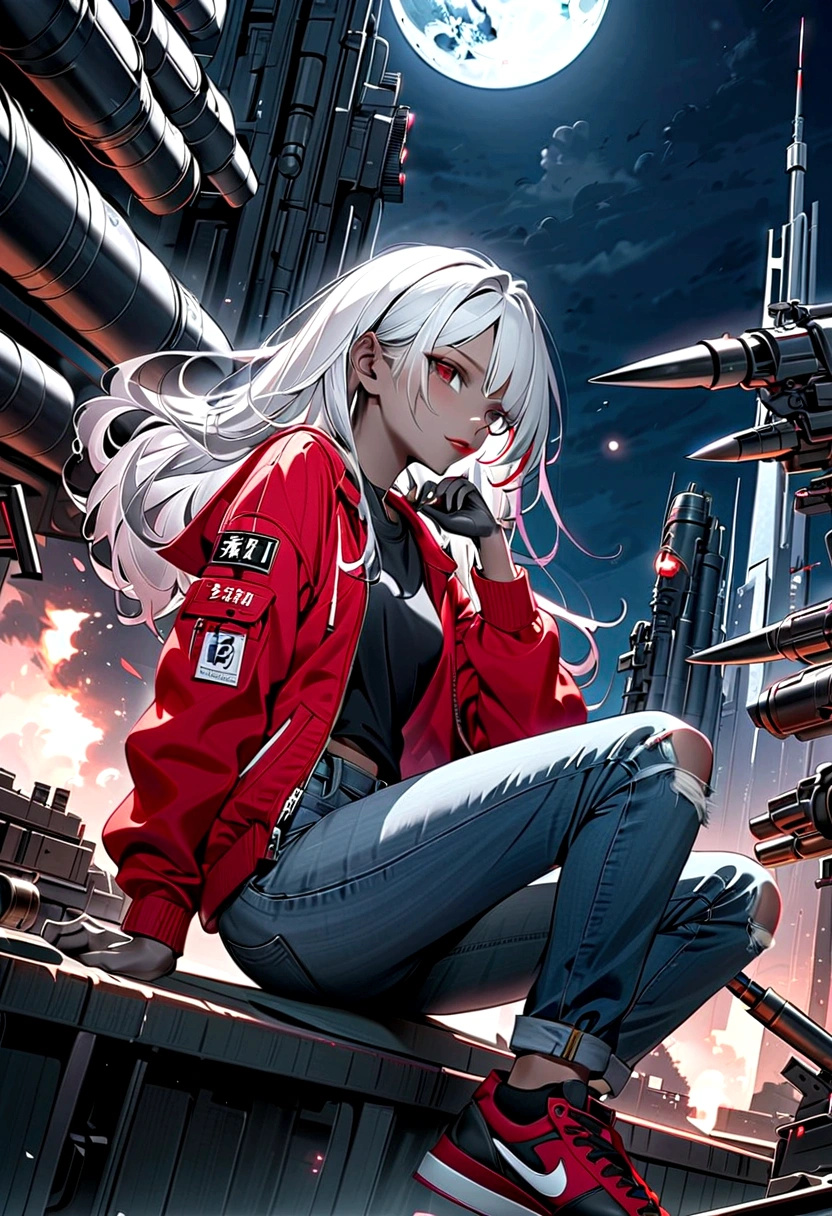 (Science Fiction Fantasy), (masterpiece), (Professional oil painting) (best quality), (8k resolution), (1 beautiful girl), ((Gray skin)), (Iron Gray Skin), ((jeans)),(Red Jacket)), ((Wear a black T-shirt underneath), ((Red lipstick)), ((Black sneakers)), (Concept Art), Small chest, (Long hair), (Messy hair), (White hair), (Iron gray hair), ((Have future weapons)), (ammunition), ((Moonlight at night)), (Sit and think))