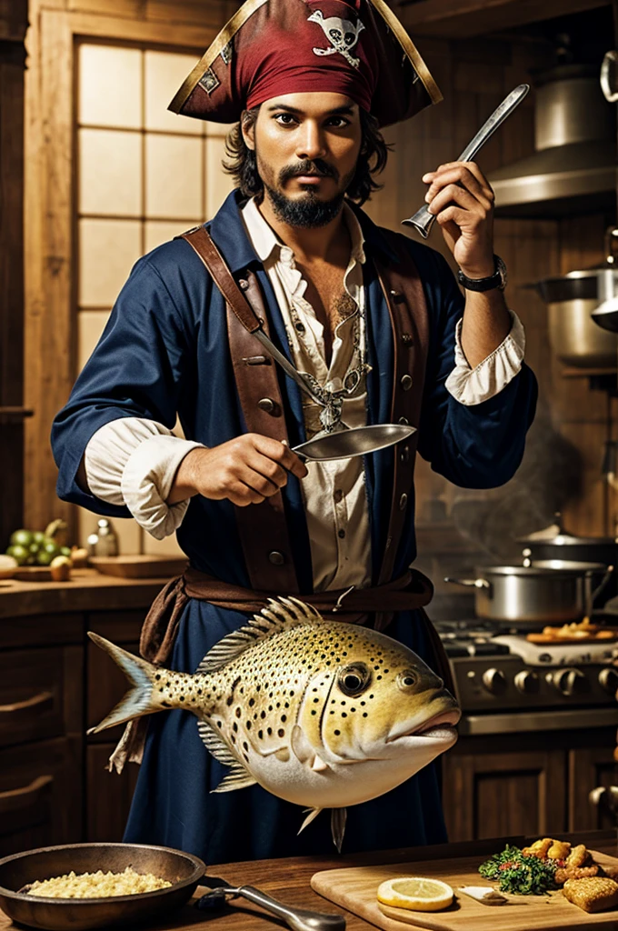 A pirate cooking a puffer fish