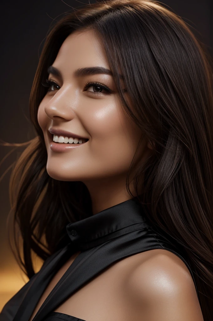 1 girl,（enhanced quality：1.4），（Highest quality skin with true texture), delicate face,dark brown long hair, Gradient hair, body,（ideal bodies：1.1），long eyelashes, grin, hyperphotorealism, cinematic lighting, projected insert, surrealism, hyper HD, masterpiece, 16K，lie down，dream，Wear a black silk shirt，Fantasy space，Luxury space
