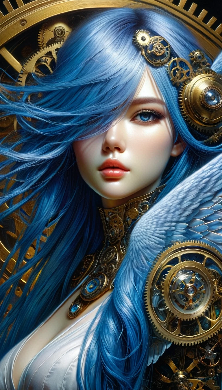 realistic highly detailed oil painting, 1girl, asymmetrical wings, long blue hair, houjuu nue, Wambu, Wambu_Draws, detailed clockwork background, intricate gears, steampunk, dramatic lighting, cinematic, moody atmosphere, vivid colors, masterpiece, (best quality,8k,highres,masterpiece:1.2),ultra-detailed,(realistic,photorealistic,photo-realistic:1.37),studio lighting,extreme detail description,professional