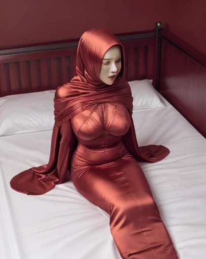 a beautiful woman in the silk red sack, mummified, tight full body tied, satin sheet, nipple on, shibari, satin hijab, full body, long satin,mermaid tight long gown, detail face,tall women, in satin bed, both arms tied in each corner of the bed, another girl kiss 