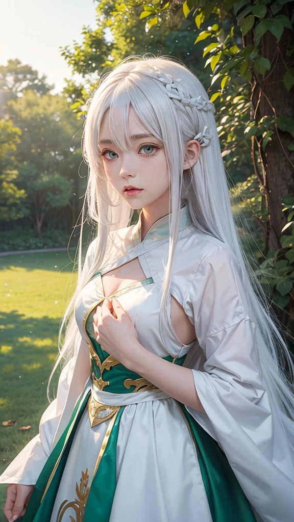 anime White Hair Girl and green eyes in front of a sun, Anime drawings inspired by INO, tumbler, creation, Young woman anime visual, White-haired God, Portrait of a girl in the Knights of the Zodiac, Today's featured anime is still, Anime characters, Official Art, White Hair Girl, Saiyan Girl, Cute girl anime visuals