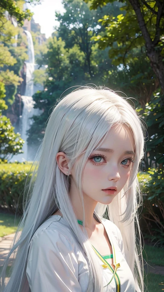 anime White Hair Girl and green eyes in front of a sun, Anime drawings inspired by INO, tumbler, creation, Young woman anime visual, White-haired God, Portrait of a girl in the Knights of the Zodiac, Today&#39;s featured anime is still, Anime characters, Official Art, White Hair Girl, Saiyan Girl, Cute girl anime visuals