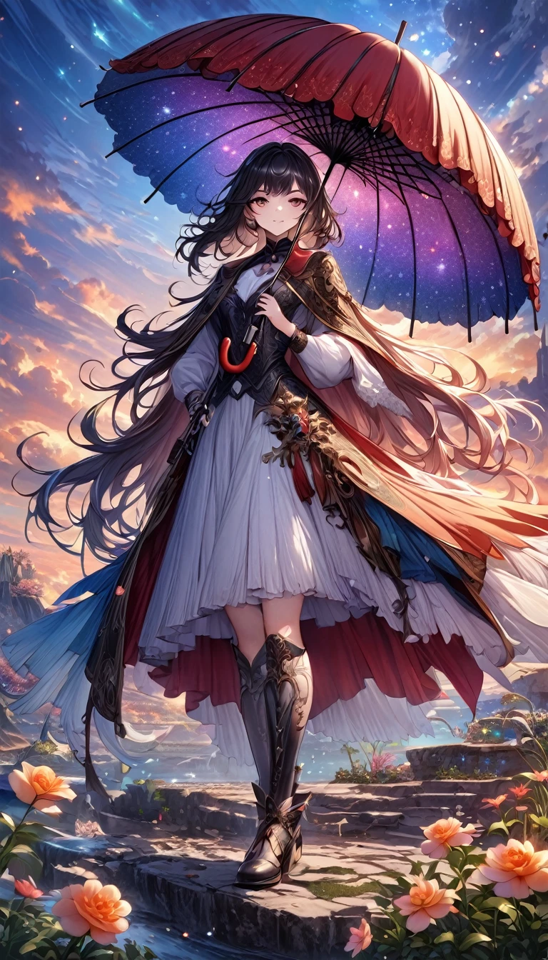 Harry Clark (Harry Clarke) style,模仿李在孝的style,Twice the light, (1 girl holding an umbrella:1.5), spring、Falling flowers at dusk、In the distance, Expressing a high fantasy world, Guardian Nebula of Rainbow Light and Silver Steam, The sky is filled with the colors of the Corrosion Enveloping Ray family, (Magnificent composition, Epic Proportions), masterpiece