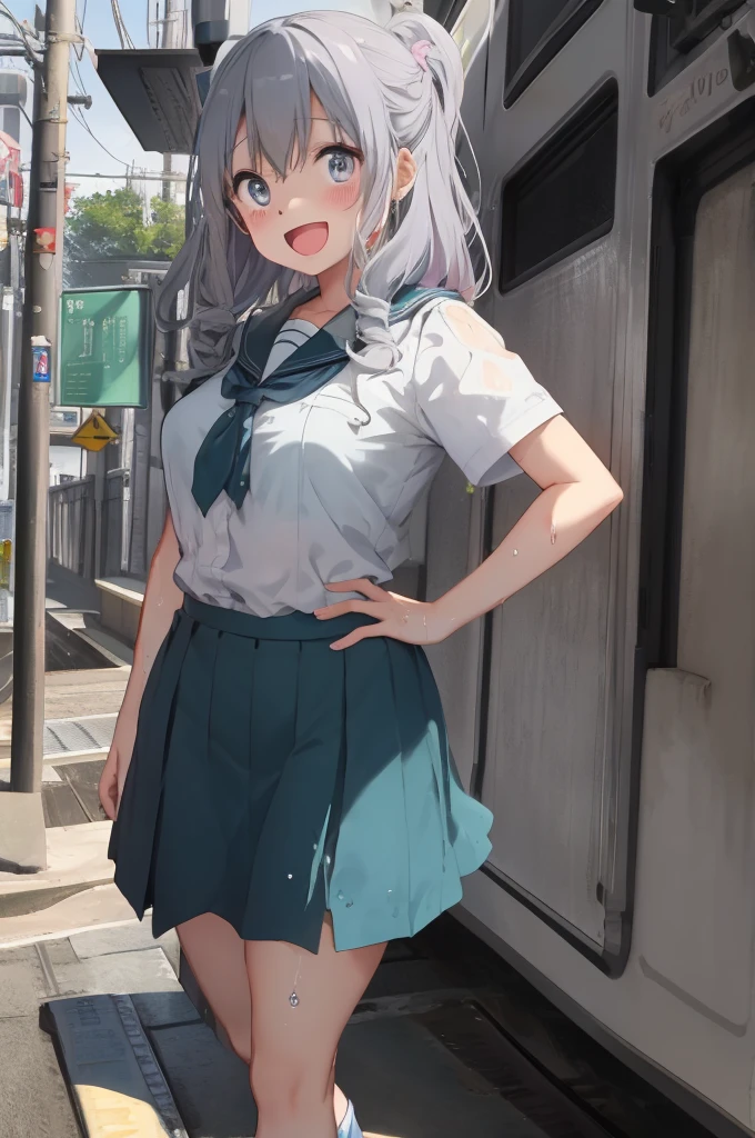 :D、School Anime Cat Girl、青いskirt、Gray Hair、Pink Boots、I々train、City of night、In uniform、Wet clothes、skirt、Visible through clothing、Camel Toe、自分でskirtをまくる、Small breasts、(Browsing Caution:1.2),Water Drop、Sparkling Water飛沫、Clean air、Splashing Water、Sparkling Water, distress