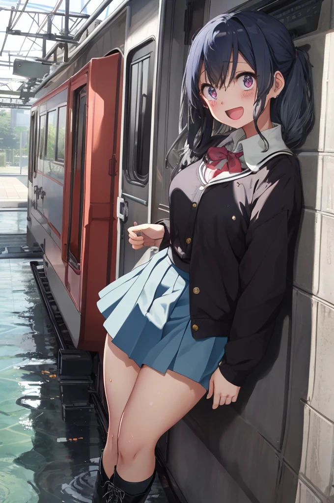 :D、School Anime Cat Girl、青いskirt、Gray Hair、Pink Boots、I々train、City of night、In uniform、Wet clothes、skirt、Visible through clothing、Camel Toe、自分でskirtをまくる、Small breasts、(Browsing Caution:1.2),Water Drop、Sparkling Water飛沫、Clean air、Splashing Water、Sparkling Water, distress