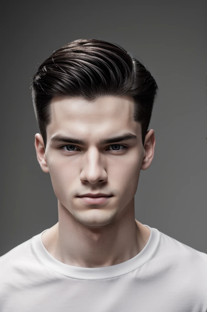 pale skinned young man with black hair combed back and gray eyes. lean build. sharp and delicate facial features. not smiling. plain background. 4k. high resolution. high quality. grey and white theme.