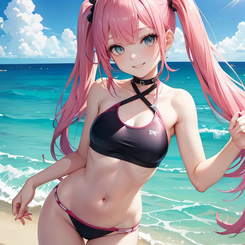 Pink Haired Girl Ocean High cut swimsuit Petite slender Fearless smile Twin tails
